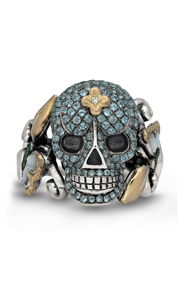 Someday Skull Ring – Diamond, Blue Topaz, Tsavorite & White Mother of Pearl