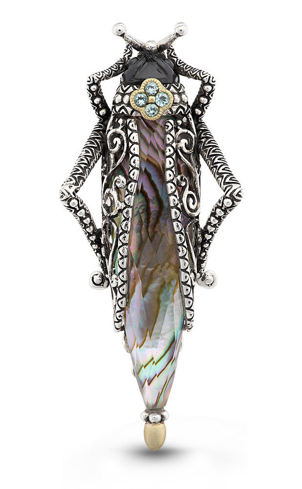 Zen Garden Grasshopper Pin – Carved Onyx & Apatite– Barbara