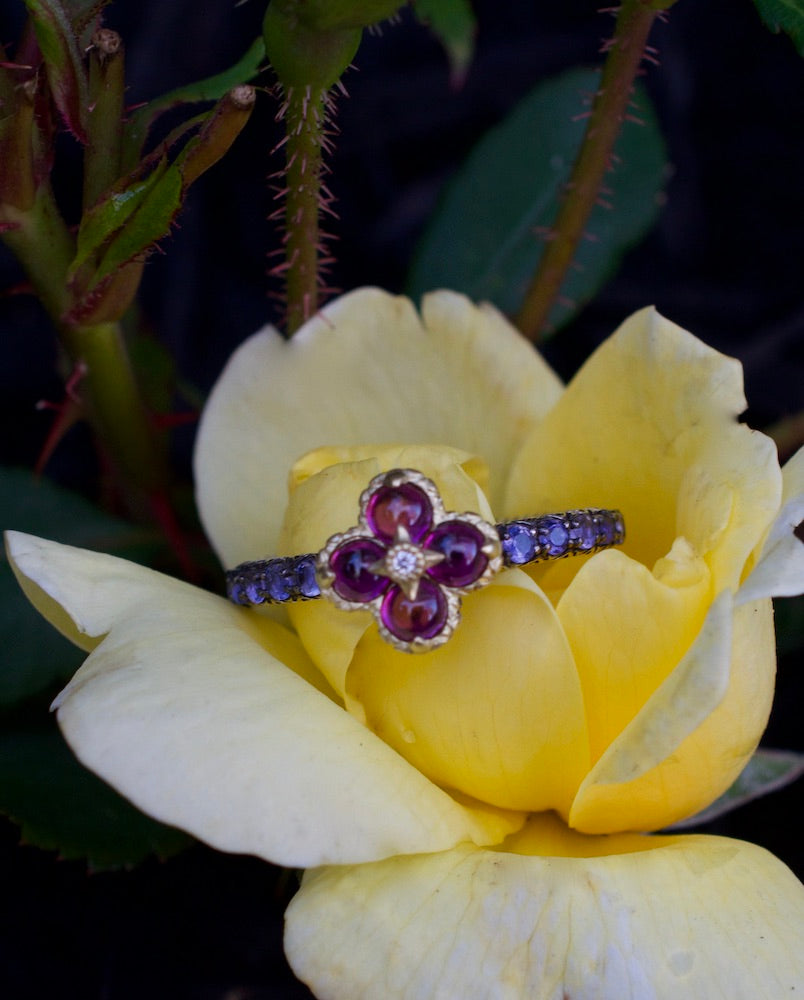 Lotus Stack Instruments Lotus Flower Stack Ring – Diamond, Pink Garnet & Iolite– Barbara Bixby